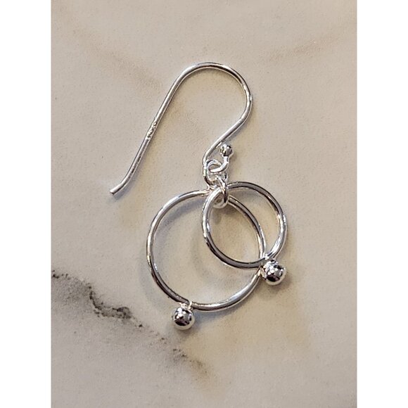 Sterling Silver Double Hoop Dangle Earrings With Ball Accents - Picture 4 of 5